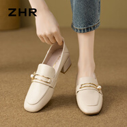 ZHR單鞋女復(fù)古方頭珍珠扣樂(lè)福鞋女粗跟增高兩穿顯瘦女鞋 K170米色 37