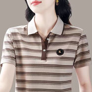 條紋短袖t恤女寬松夏季新款高端純棉Polo衫帶領(lǐng)減齡媽媽休閑上衣 8931款【卡其】 XL 【推薦106-118斤】