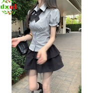 DXOT拼接蕾絲邊高腰綁帶蓬蓬短裙子女春夏半身裙韓版泡泡袖襯衫兩件套 套裝【青灰短袖襯衫+蓬蓬裙+十字 M (適合85斤-100斤)