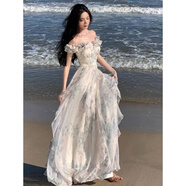 德莉婭海邊度假風(fēng)吊帶裙紗法式荷葉邊沙灘連衣裙氛圍感長(cháng)裙飄逸仙女范 :圖片色 S