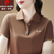 皮爾卡丹品牌冰絲短袖t恤女夏季2025新款翻領(lǐng)polo衫女士半袖大碼上衣女棉T 咖啡色【冰絲面料】 6XL 【建議重160-170斤】