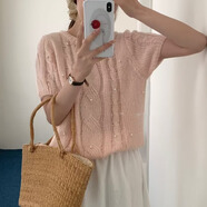 復古溫柔風(fēng)釘珠麻花短袖針織衫上衣女寬松軟糯泡泡袖T恤女裝 粉紅色 均碼