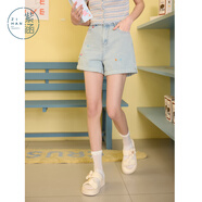 紫涵（ZIHAN）紫涵做舊卷邊刺繡牛仔短褲女2025年夏季新款松緊高腰藍(lán)色休閑熱褲 牛仔藍(lán) XL