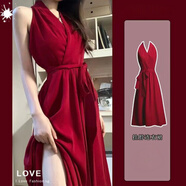 歌詩(shī)慧紅色連衣裙女夏季新款吊帶裙掛脖裙子海邊度假風(fēng)純欲辣妹中長(cháng)裙 紅色掛脖連衣裙 M