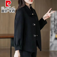 皮爾卡丹（pierre cardin）2025新款雙面絨毛呢外套女士短款顯瘦媽媽時尚秋冬上衣胖人特大碼 黑色 L 95-110斤