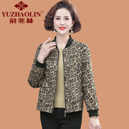 俞兆林（YUZHAOLIN）小個(gè)子媽媽秋裝短款外套中年婦女開(kāi)衫上衣中老年女薄款豹紋夾克衫 淺棕色 XL 建議90-105斤