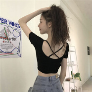 南極人（Nanjiren）春夏新款露背短袖T恤女休閑韓國女裝修身露臍短款上衣純色打底衫 黑色 均碼