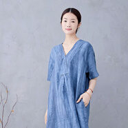 古韻朵亞麻臟染連衣裙短袖大擺裙大V領(lǐng)青灰藍色大碼顯高顯瘦度假裙夏女 藍色 青灰藍臟染 S 建議體重80-115