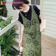 VOYDOVE休閑慵懶風(fēng)T恤裙套裝夏季2025新款鉤花鏤空罩衫減齡連衣裙兩件套 黑T恤裙+綠蕾絲裙【z】 XL 【115-130斤】
