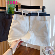OGBI2025新款韓國韓版感白色牛仔短裙女夏高腰寬松a字版包臀裙子 杏色【不含腰帶】:帶內襯 S