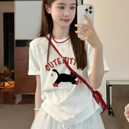麓格立港風(fēng)復古寬松短袖t恤女春夏季新款潮牌純棉顯瘦休閑百搭半袖上衣 黑貓T恤XL【建議120斤-135斤】