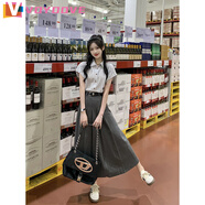 VOYDOVE法式polo領(lǐng)條紋短袖襯衫百褶西裝半身長(zhǎng)裙女夏季2025新款時(shí)尚套裝 藍(lán)色襯衫+灰色長(zhǎng)裙【z】 M 建議【100-110斤】