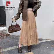 皮爾卡丹2025春夏新款蕾絲網(wǎng)紗半身裙松緊復古旗袍搭配打底遮胯顯瘦長裙子 卡其色 均碼