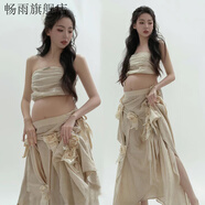 創(chuàng)京懿選新款影樓孕婦拍照衣服唯美俏皮可愛孕媽咪小清新孕婦居家拍照服裝 杏色 花朵【抹胸+裙】套裝【深色 均碼