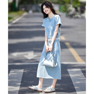 尚靜蕾絲拼接兩件套25年夏新卷邊T恤蕾絲系帶半身裙套裝 藍色  L 