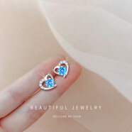 百年老鳯祥999純銀耳釘女愛(ài)心耳飾養耳足銀不易過(guò)敏耳環(huán)氣質(zhì)耳墜 通體999純銀一對 送證書(shū) 寶石藍