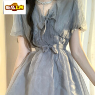 初徑法式蝴蝶結連衣裙女夏季V領(lǐng)甜美泡泡袖公主裙設計感收腰蓬蓬裙子 灰色 現貨 S