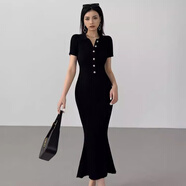 康創(chuàng  )暉歐美式御姐風(fēng)魚(yú)尾針織連衣裙女夏長(cháng)款polo修身通勤緊身短袖包臀裙 黑色【版】 S