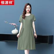 恒源祥純棉連衣裙女2025年夏裝新款中年休閑裙媽媽寬松全棉提花夏季裙子 軍綠色 XL 100-120斤
