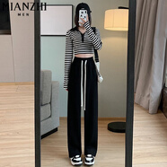 棉致薄款窄版高腰褲子女夏季新款寬松直筒闊腿休閑褲運(yùn)動衛(wèi)褲 黑色【052常規(guī)高品質(zhì)23.5】 S 70-90斤