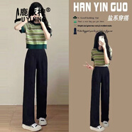 鹿依檸休閑褲女夏季2025新款女裝韓版時(shí)尚百搭減齡學(xué)院風(fēng)顯瘦闊腿褲套裝 綠色條紋上衣+黑色褲子 M