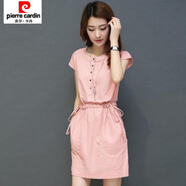 皮爾卡丹（pierre cardin）女裝夏修身顯瘦中長(cháng)款裙子2025短袖氣質(zhì)百搭色韓版棉麻連衣裙潮 粉色連衣裙+安全褲 2XL