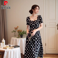 皮爾卡丹（pierre cardin）大碼胖mm赫本風(fēng)黑色波點(diǎn)連衣裙夏季減齡洋氣法式氣質(zhì)方領(lǐng)收腰長裙 黑色波點(diǎn)連衣裙 L 【建議100-120斤】