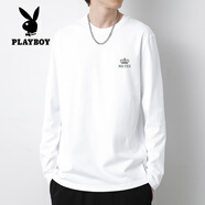 花花公子（PLAYBOY）純棉t恤男士長(cháng)袖寬松潮流圓領(lǐng)內搭上衣打底衫秋衣小衫全棉體恤男 M05-T401白色 L