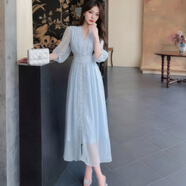 睡妍（SHUIYAN）連衣裙女夏季新款仙雪紡拼接蕾絲開(kāi)衩修身顯瘦高腰連衣裙長(cháng)裙女 淺藍色 S
