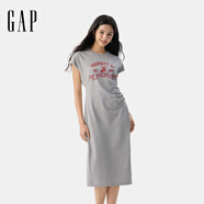 Gap女裝2025夏季新款純棉印花logo收腰抽褶開叉短袖連衣裙764855 淺灰 M (165/84A) 亞洲尺碼