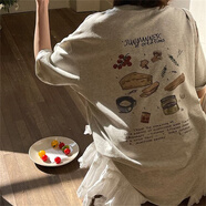 索菲堡 100%純棉胖mm甜美別致圖案寬松短袖t恤女2025夏日系半袖體恤上衣 米灰色 M