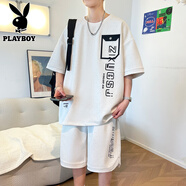 花花公子（PLAYBOY ESTABLISHED 1953）短袖t恤套裝男士夏季2025新款寬松休閑運動短褲兩件套潮 TZ2511米白色 M