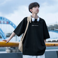凡迪時尚（FANDISS）純棉短袖t恤男士夏季2025新款美式潮牌寬松長袖重磅體恤男生衣服 黑色 XL