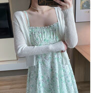 UZSC2025春夏新款甜美收腰初戀小個子碎花吊帶裙小仙女連衣裙女兩 綠色子+白色開衫 S 80到90斤