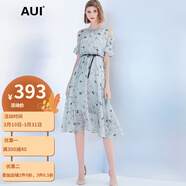 AUI 連衣裙女夏2022新品歐洲站設計感氣質(zhì)時尚女裝一字領露肩雪紡裙 藍色 L