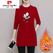 皮爾卡丹（pierre cardin）買一送一加絨加厚雙面德絨女士打底衫秋冬時(shí)尚大碼體恤裙保暖上衣 紅色(蘭花)保暖德絨 2XL 建議(135-145斤)