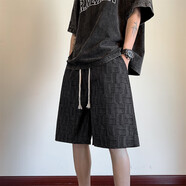 尤芮軻胖子大碼燈芯絨休閑短褲男夏季外穿寬松直筒中褲日系大碼五分褲子 黑色 M 95至115斤可穿