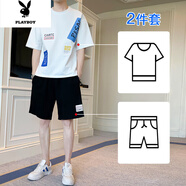 花花公子男士短袖T恤套裝2022潮牌潮流夏季一套衣服青年休閑帥氣搭配男裝 691白色【上衣+褲子】 S
