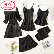 浪莎（LangSha）帶胸墊冰絲睡衣女士五件套春秋夏性感吊帶睡裙睡袍時(shí)尚外穿家居服 H929五件套黑色 M 建議80-100斤以?xún)?
                                         title=