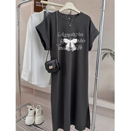 麥士豆2025新款純棉短袖t恤裙女韓版寬松休閑大碼小飛袖連衣裙長(cháng)裙夏季 炭灰色（英文蝴蝶結） XL