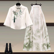 DWRW薄荷綠曼波風新中式漢服上衣連衣裙女2025春夏新款國風馬面裙套裝 漢服上衣+綠色馬面裙兩件套 M 80-100斤