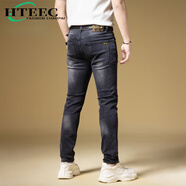 hteec香港潮牌牛仔褲男士夏季薄款修身小直筒褲潮流彈力休閑長(cháng)褲子男款 6851灰色 28