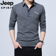 JEEP SPIRIT吉普春裝男士體恤有領(lǐng)純棉長(cháng)袖T恤翻領(lǐng)加大碼修身上衣胖人打底衫 深灰長(cháng)衣袖【不加絨】 M 建議100-118斤