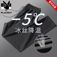 花花公子品牌冰絲網(wǎng)眼休閑褲男夏季薄款彈力空調(diào)褲子男鏤空男褲大碼運動褲 網(wǎng)眼冰絲直筒長褲黑色 4XL 建議160-175斤