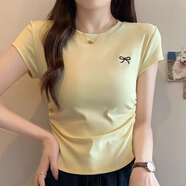 嫻柔不規(guī)則正肩短袖t恤女夏設(shè)計(jì)感弧形下擺抽褶辣妹緊身短款女裝上衣 奶黃色【蝴蝶結(jié)刺繡】 卡碼拍大 XL 【110-120斤】
