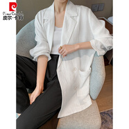 皮爾卡丹（pierre cardin）白色亞麻小西裝外套女高級感薄款春秋寬松休閑西服防曬棉麻料上衣 白色 L