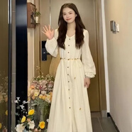 南糖三色法式鏤空刺繡長袖連衣裙2025春秋新款女氣質(zhì)收腰系帶感長裙子 杏色刺繡連衣裙(加里襯) XL (建議120-135斤)