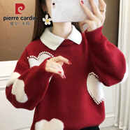 皮爾卡丹（pierre cardin）毛衣女秋冬季2025年新款娃娃領假兩件上衣冬裝加厚內(nèi)搭新年潮 紅色 M 100-109斤