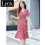 LPOX碎花雪紡連衣裙女夏裝2025新款韓版收腰顯瘦喇叭袖裙子中長(cháng)款 紅色連衣裙 S 70-90斤