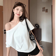 妙奕嘉斜肩上衣露肩白色短袖t恤女新款女士寬松正肩辣妹女裝夏季通勤風(fēng) 白色斜肩露肩t恤 L 【建議95-110斤】喜寬松拍大